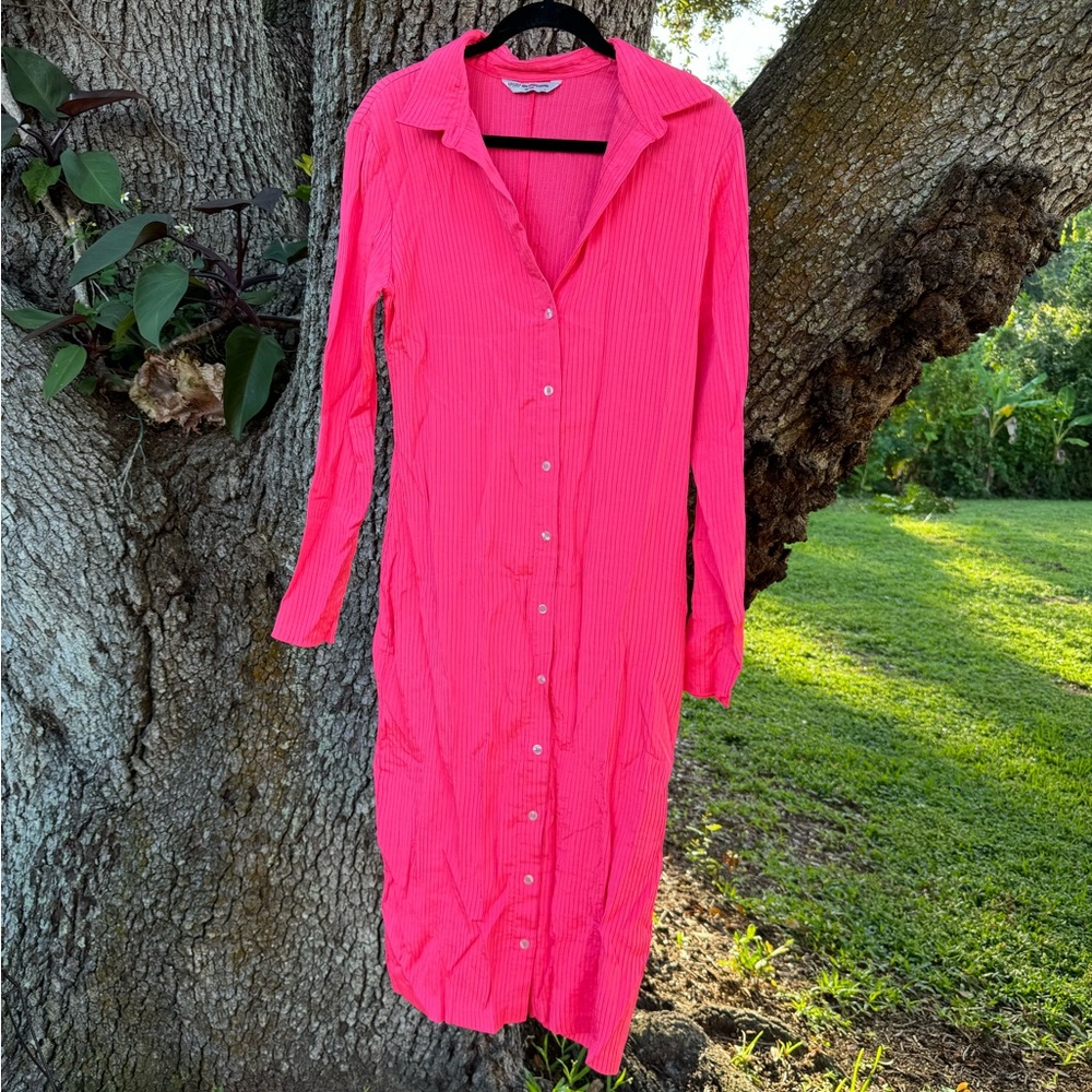Amanda Uprichard x Free People Hot Pink ribbed button down  midi dress Size L